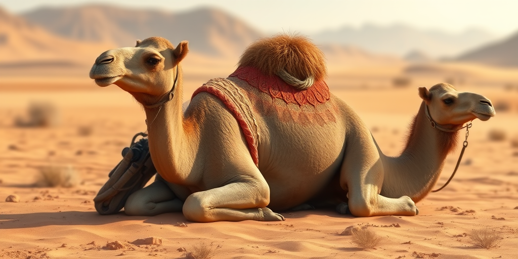 Create a high-resolution illustration of a resting camel with a detailed texture in a desert landscape, using a DSLR camera with a 50mm lens, aperture f/2.8, ISO 100, and a shallow depth of field for enhanced focus on the camel while softly blurring the background.