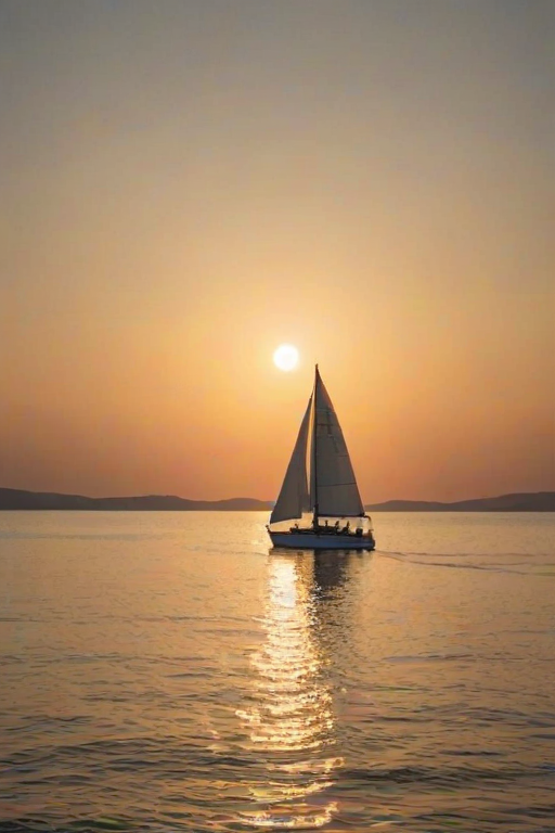 Sharp, high-resolution image of a sailboat gliding through calm waters at sunset, the golden light reflecting off the ocean surface, distant islands barely visible on the horizon, a soft breeze filling the sails, a sense of peace and tranquility captured.