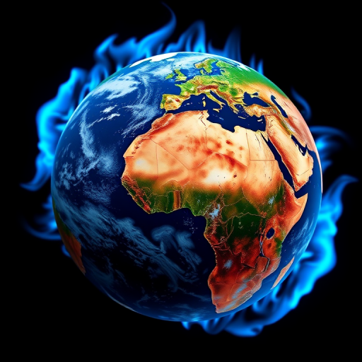 Create a detailed 3D rendering of Earth with vibrant colors, focusing on Europe and Africa, with blue flames encircling the planet, shot with a Canon EOS 5D Mark IV, 24mm lens, f/8 aperture, ISO 100, in a low-angle view, using high dynamic range imaging for enhanced clarity and contrast.
