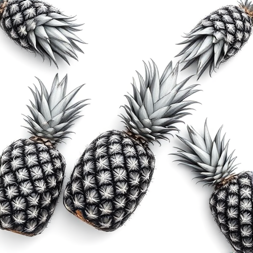 Create a high-resolution black and white illustration of pineapples on a white background with detailed textures, using a DSLR camera with a 50mm lens at f/8 aperture, ISO 100, and a top-down view to enhance clarity and depth.