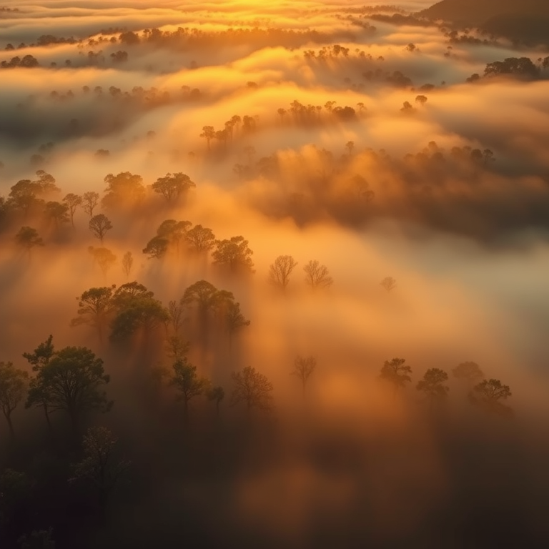 regenerate a sunrise landscape with mist rolling over the trees, soft golden light breaking through, taken with a Canon EOS R5, 24mm lens, f/2.8 aperture, ISO 100, 1/200 seconds, aerial view, focus on ethereal atmosphere and warm tones.