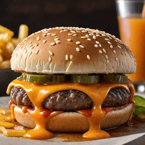 High-resolution, close-up image of a gourmet double cheeseburger. The burger features a glossy, sesame-seed-topped brioche bun. Inside, there are two thick, juicy beef patties, each topped with melted cheddar cheese. The burger is garnished with fresh lettuce, tomato slices, diced onions, and pickles. A generous amount of ketchup and a creamy, orange-colored sauce is dripping down the sides, adding to the mouth-watering appeal. In the background, there are blurred elements including a side of golden French fries and a hint of a beverage, enhancing the overall presentation of a delicious meal.