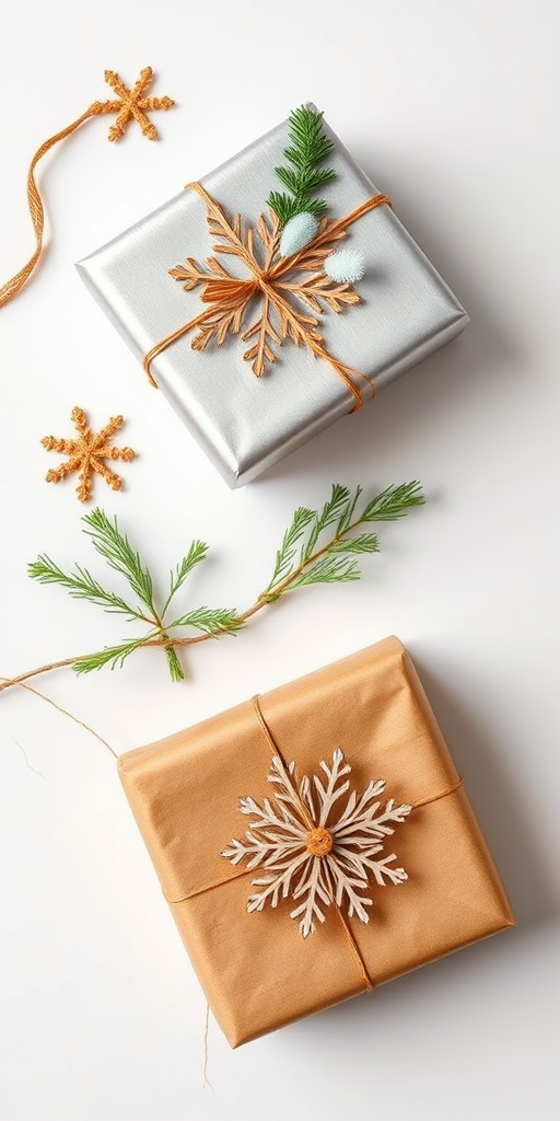 Create an image of two beautifully wrapped gift boxes, one in brown paper and the other in silver, adorned with wooden snowflake decorations and green sprigs on a clean white background, shot with a Canon EOS R5 at f/2.8, 1/200s, ISO 100, top-down view, soft natural light.