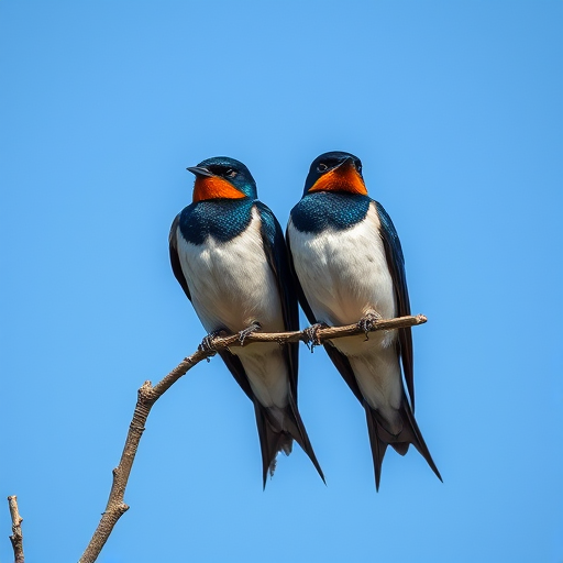 two swallows perched on a branch against a clear blue sky, shot with a Canon EOS 5D Mark IV, 200mm lens, aperture f/4, ISO 100, shutter speed 1/1000 sec, soft focus background for enhanced depth, natural lighting
