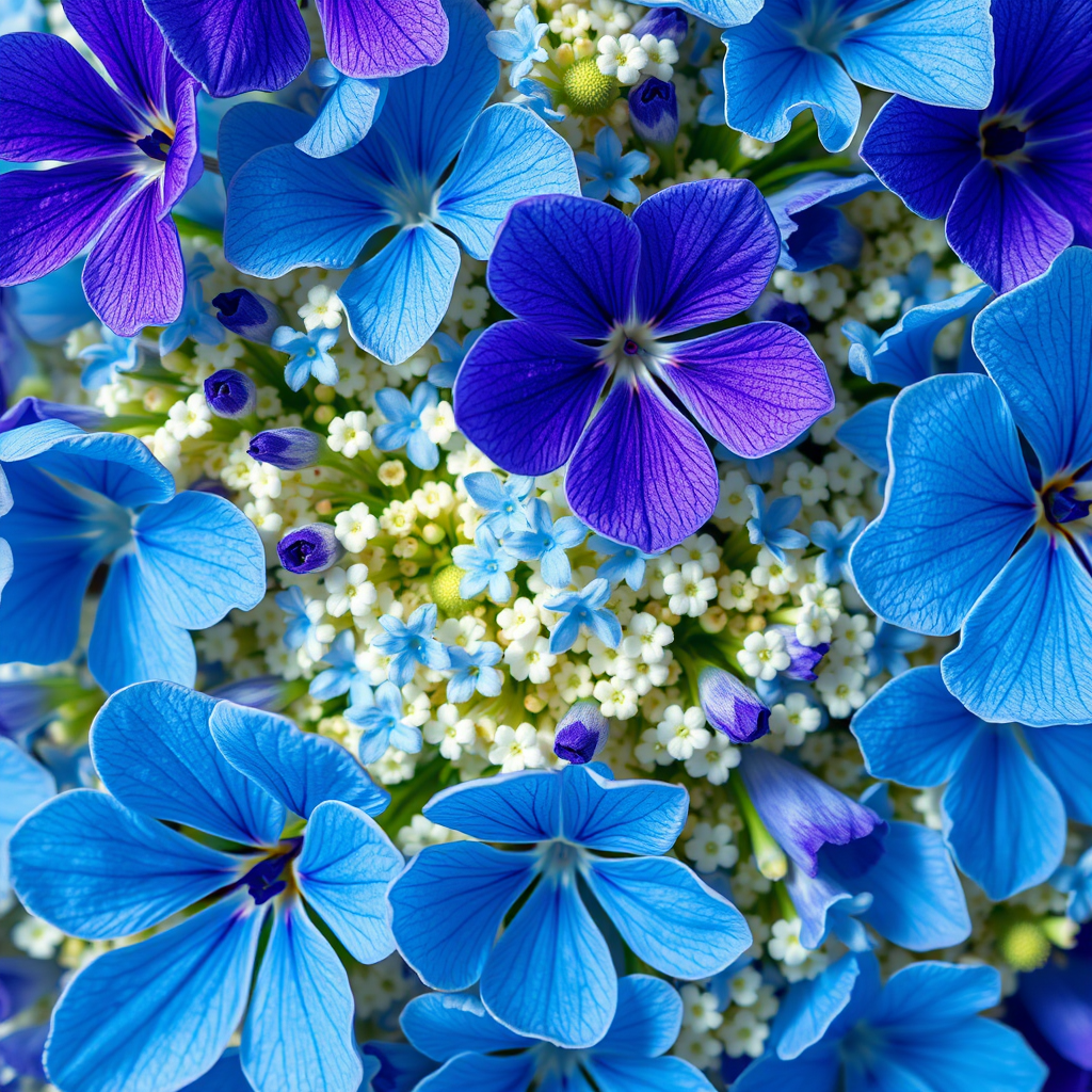 regenerate a vibrant floral pattern featuring large blue flowers and small white flowers, macro lens, f/2.8 aperture, 50mm lens, natural light, overhead view, high resolution