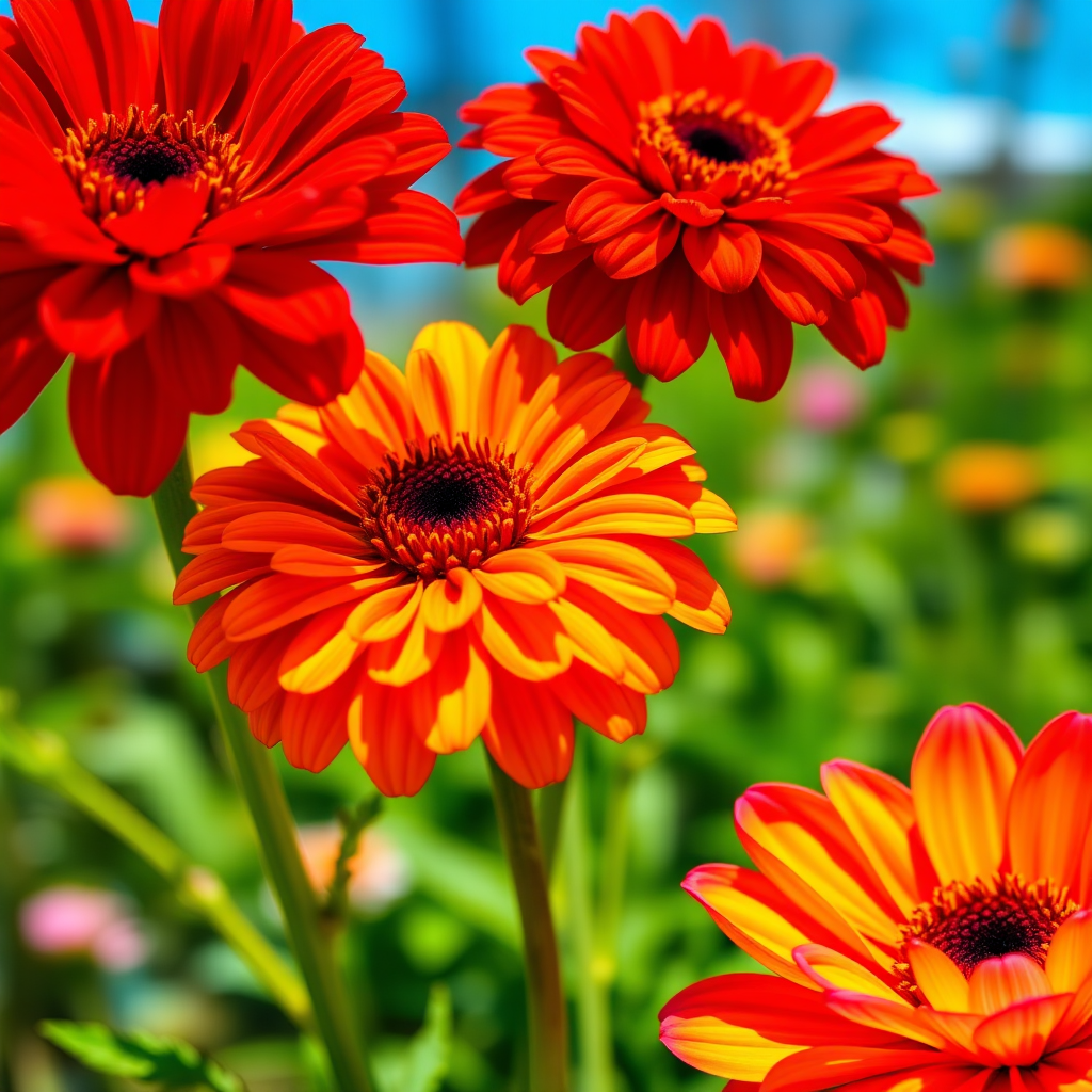 Create a vibrant illustration of three flowers, one red, one orange, and one pink, featuring detailed petals and a sunny background; use a macro lens at f/2.8 aperture, 1/200 shutter speed, ISO 100, with a focus on color saturation and clarity, in a digital art style.