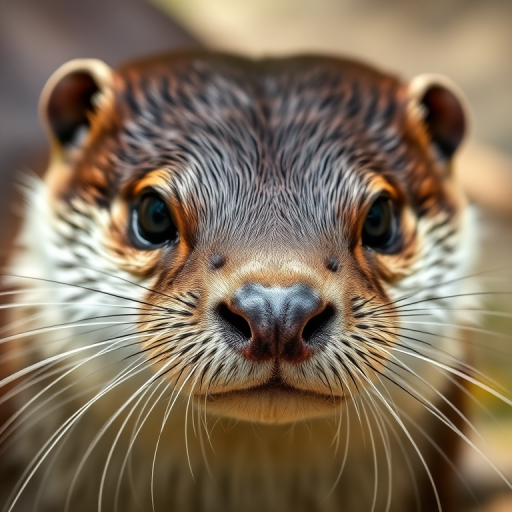 close-up shot of an otter with detailed focus on its facial features, using a Canon EOS 5D Mark IV, f/2.8 aperture, 1/100s shutter speed, ISO 400, natural light, shallow depth of field, emphasizing texture and expression
