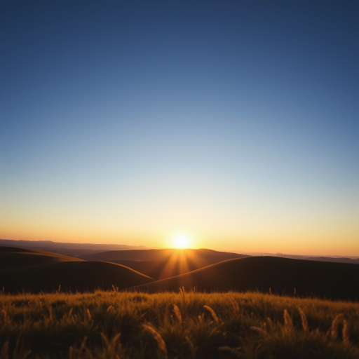 Generate a high-resolution image of a serene landscape featuring rolling hills and a clear sky during sunset, using a DSLR camera with a 50mm lens, f/1.8 aperture, ISO 100, and a shutter speed of 1/200s, captured from a low angle view to enhance depth.