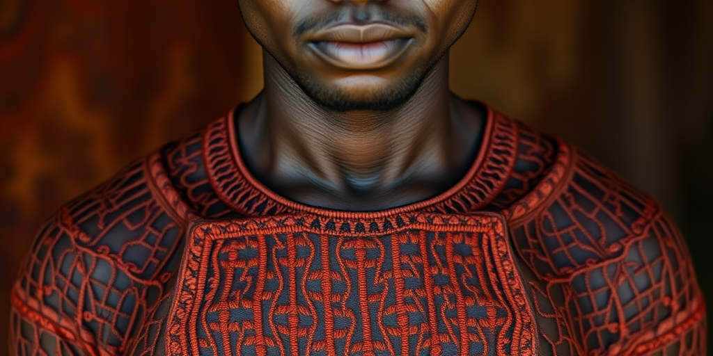 Face, shoulders, chest covered in openwork Igbo embroidery. Raw, unedited image.