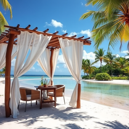 Create a picturesque tropical beach scene featuring a serene, white sandy shore. In the foreground, there's a rustic wooden canopy with white drapes gently flowing in the breeze. Underneath the canopy, a table is set with tropical decor, evoking a sense of relaxation and leisure. The beach extends into a calm, shallow water area with reflections of the sky and surroundings. Palm trees and lush greenery line the edge of the beach, providing a natural, tropical backdrop. The sky is clear with a few scattered clouds, and the overall atmosphere is tranquil and inviting, perfect for a peaceful retreat.
