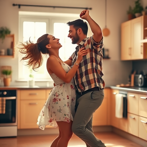 A joyful couple dancing in a sunlit kitchen, soft natural light filtering through a window, 35mm lens, f/2.8 aperture, ISO 200, warm color tone, shallow depth of field, DSLR camera.