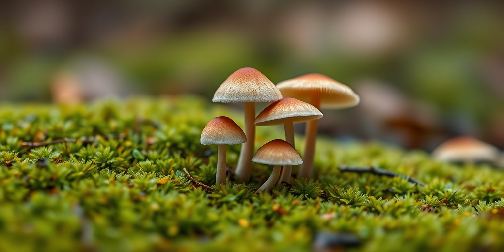 mushrooms growing on mossy ground, macro view, shallow depth of field, f/2.8, ISO 200, 50mm lens, natural lighting, DSLR camera