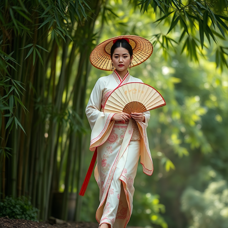 A serene figure in traditional attire walking gracefully with a large fan, surrounded by soft green bamboo leaves, shot with a Canon EOS R5, 85mm lens, aperture f/1.8, soft focus background, natural lighting for a calming atmosphere.