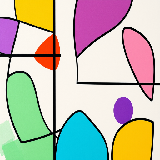 Create an abstract geometric artwork featuring colorful irregular shapes in black outlines on a soft pastel background, captured with a DSLR camera, 50mm lens, f/1.8 aperture, ISO 100, in bright natural light for enhanced vibrancy and detail.