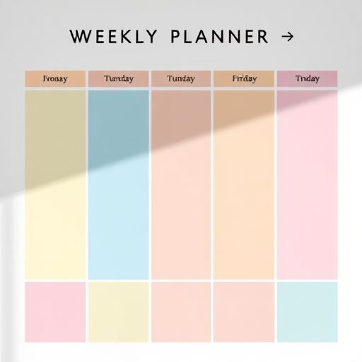 create a colorful weekly planner template with the days of the week clearly labeled, a clean and minimalist design, soft pastel colors for each day, and a light blue header; shot with a DSLR camera at f/4.0 aperture, 24mm lens, natural light with high saturation and contrast for vibrant colors
