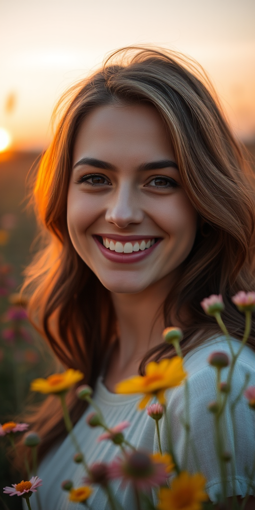 Portrait of a woman smiling amidst wildflowers at sunset, shallow depth of field, 85mm lens, f/1.8 aperture, ISO 200, soft natural lighting, DSLR camera.