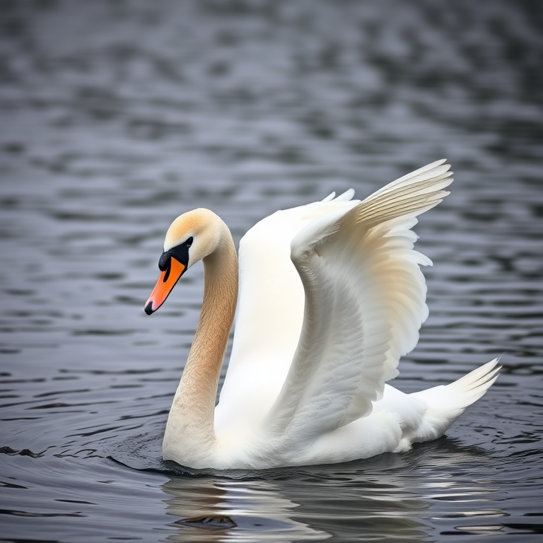 Capture a graceful white swan spreading its wings in a serene lake, shot with a Nikon D850 at f/5.6, ISO 200, 1/500 sec, using a 300mm lens from a low angle for a soft background blur.