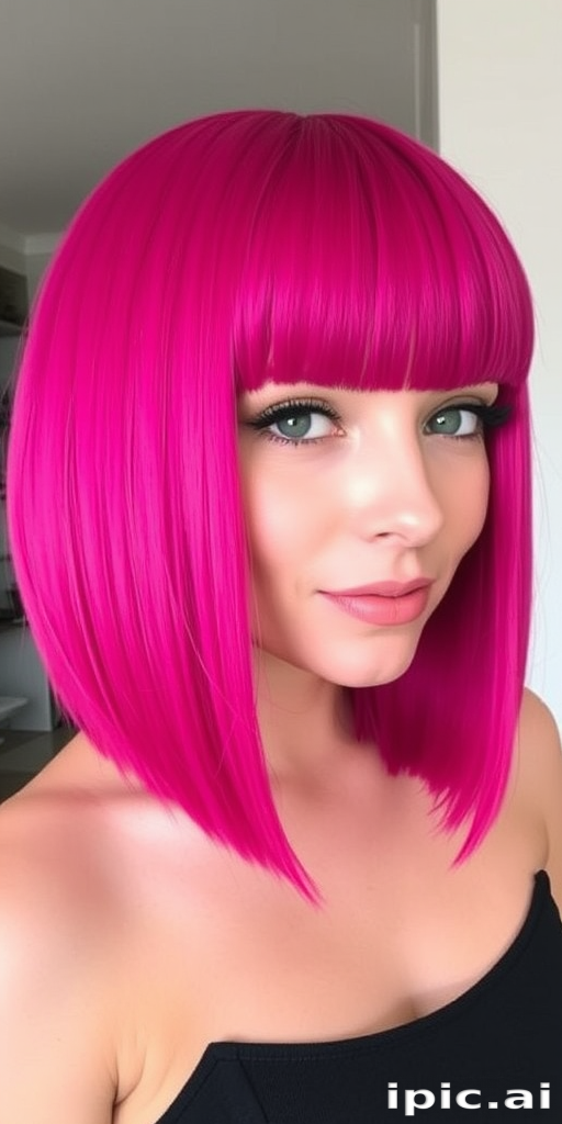 Vibrant magenta bob with "Berry Blaze" flair boasts blunt bangs and sleek, straight lines, creating a bold and edgy aesthetic