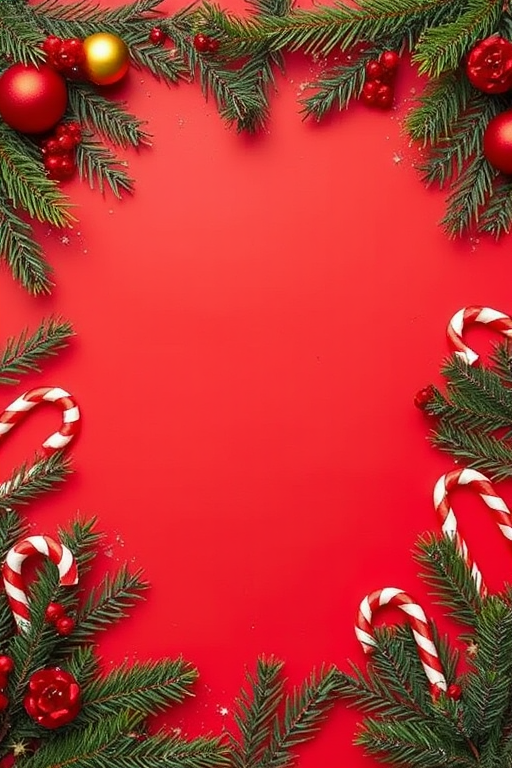 Create an image featuring a festive holiday scene with a solid red background. Include pine branches, red and gold ornaments, and candy canes arranged around the edges of the image to create a decorative border. Ensure there is ample empty space in the center for text or additional elements.