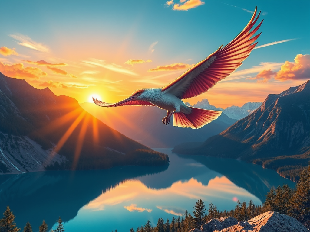 Create a vibrant illustration of a mythical bird soaring above a crystal-clear lake surrounded by mountains during sunset, using a DSLR camera with a 50mm lens at f/1.8, ISO 100, 1/500s, capturing a panoramic view with vivid colors and sharp details.
