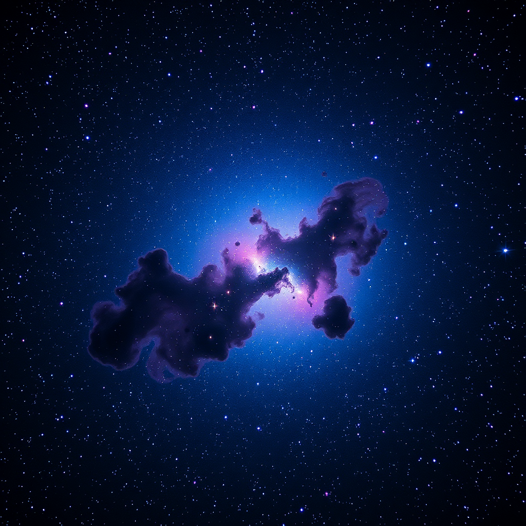 Generate a high-resolution cosmic scene featuring a nebula with vibrant colors of blue, purple, and white stars scattered throughout the background; use a Canon EOS R5 with a 24-70mm f/2.8 lens, ISO 800, aperture f/4, and a wide angle view to capture intricate details and enhance clarity in the celestial elements.