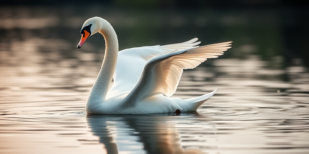 Capture a graceful white swan in mid-stretch displaying its wings while swimming on a calm lake, soft natural lighting, shallow depth of field, Canon EOS R5, 100mm f/2.8L Macro IS USM lens, aperture f/4, ISO 100, shutter speed 1/2000 seconds.