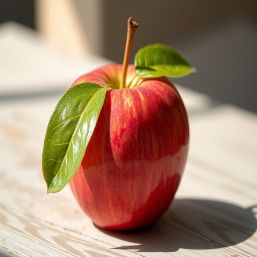 Create a high-resolution image of a fresh red apple with a green leaf, shot with a Canon EOS R5 at f/2.8, ISO 100, 50mm lens, in natural lighting and a shallow depth of field.