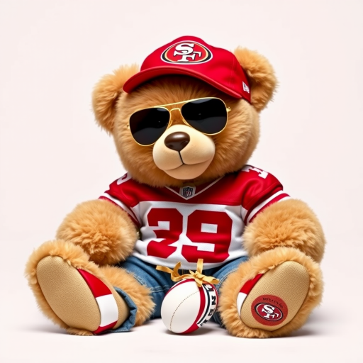 A cute and fluffy teddy bear dressed in a San Francisco 49ers-themed outfit, wearing a red cap with the 49ers logo, aviator sunglasses, and a white football jersey with red accents. The bear is also wearing casual jeans and red and white sneakers, while sitting in a relaxed pose with a football beside it. The teddy bear has a cool, laid-back attitude, with a sporty vibe. The background is clean and minimal, highlighting the bear as the main focus.