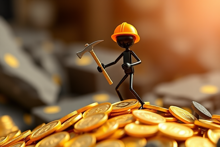 Create an image of a 3D stick figure mining for cryptocurrency, holding a pickaxe above a pile of shiny gold coins, in a bright and vibrant color scheme, with a shallow depth of field, using a DSLR camera set to f/2.8, ISO 100, 1/125 sec, positioned at eye level for a dynamic view.
