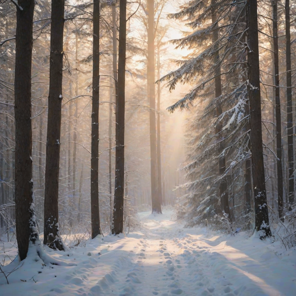 capture a serene winter forest landscape with mist rolling over snow-covered trees using a Canon EOS 5D Mark IV, 50mm lens, aperture f/8, ISO 100, shutter speed 1/200s, golden hour soft light, shallow depth of field for atmospheric effect