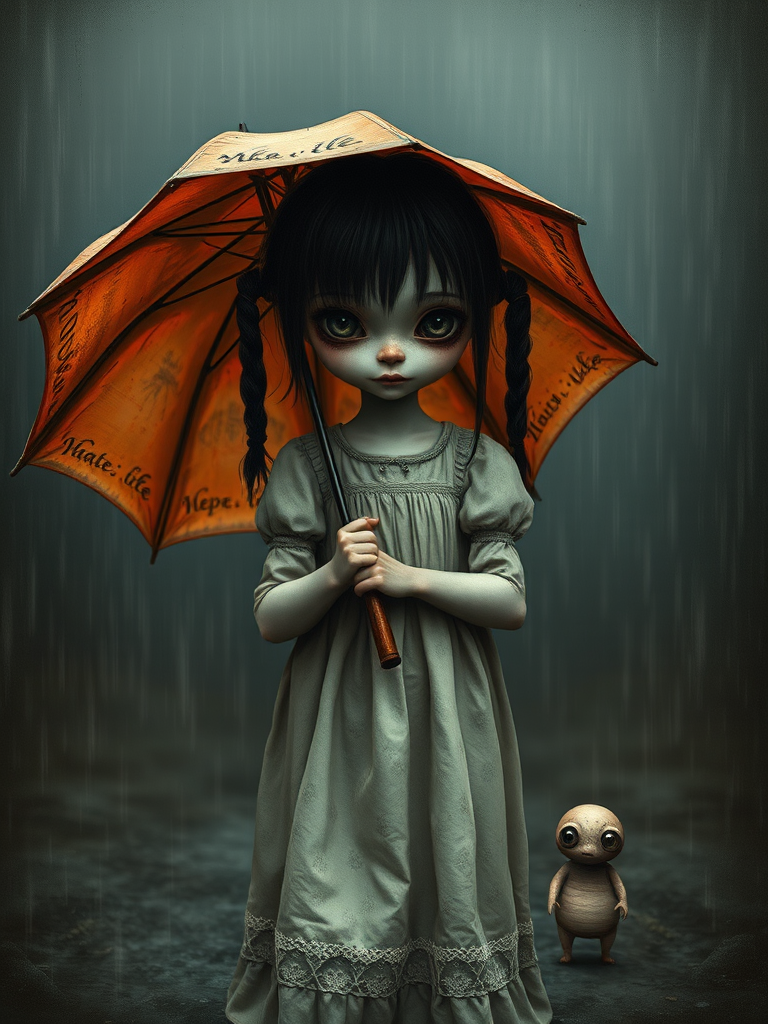 An eerie, weird little girl with dark hair in thin pigtails, wearing a smock dress, standing in the rain, holding a dirty orange umbrella, a small, odd creature beside her. In a surreal style inspired by Nicoletta Ceccoli and Brian Froud. Dark fantasy themes