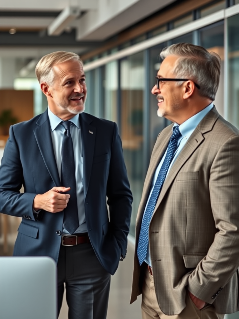 Create an image of two well-dressed middle-aged men engaging in a conversation in a modern office environment, using a Canon EOS R5 camera with a 50mm lens, aperture set to f/1.8, ISO 200, shutter speed of 1/200s, in natural light, with a shallow depth of field to blur the background and focus on their expressions.