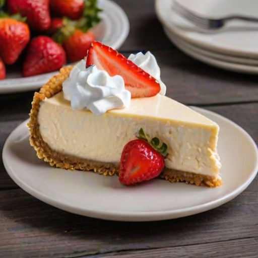 Generate an image of a slice of creamy cheesecake topped with dollops of whipped cream. The cheesecake should have a golden graham cracker crust and be served on a white plate. Include fresh strawberries on the side and a dark wooden background for contrast.