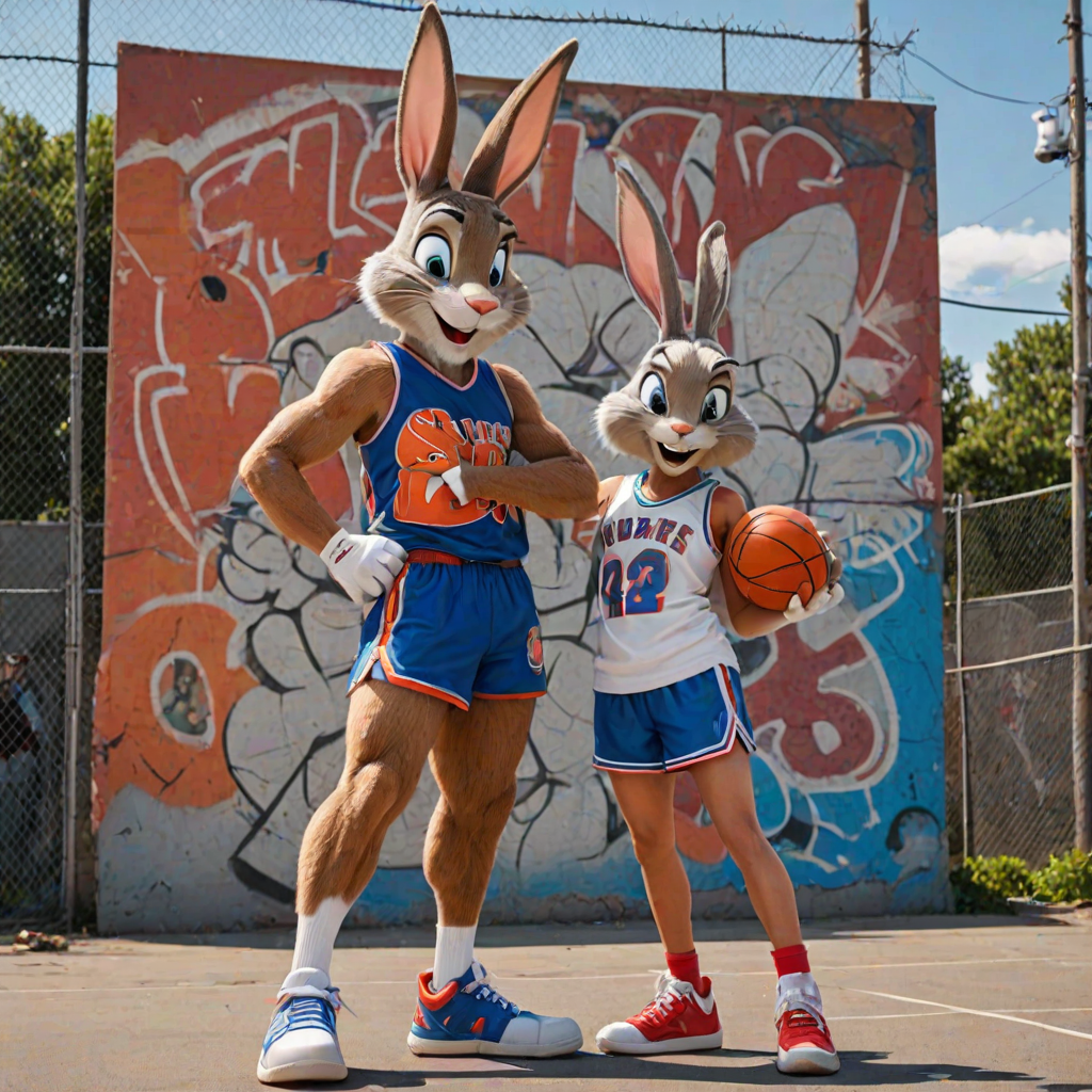 Design an Above the Rim poster featuring Bugs Bunny as Kyle and Lola Bunny as Shep. Bugs is dressed in a basketball jersey and shorts, holding a basketball with a confident expression, while Lola stands beside him in athletic gear, looking determined. The background features an urban basketball court with a wire fence, streetlights, and graffiti. The title "Above the Rim" appears in bold red letters at the top, keeping the original street basketball vibe