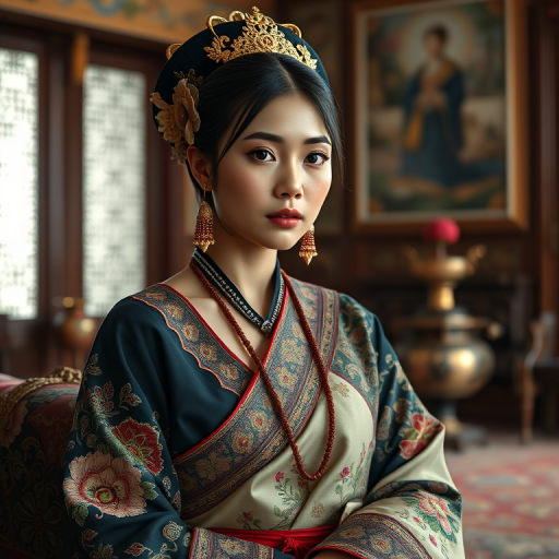 A beautiful Quechua woman in traditional East Asian attire, intricately detailed with embroidered patterns, sitting gracefully in a richly decorated room, soft ambient lighting, serene and elegant, ultra-realistic, 8K resolution