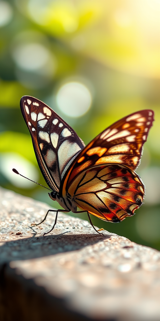 Generate an image of a butterfly perched on a surface, showcasing intricate patterns and colors on its wings, with a softly blurred natural background. The lighting should highlight the texture and details of the butterfly's wings, creating a serene and beautiful atmosphere.