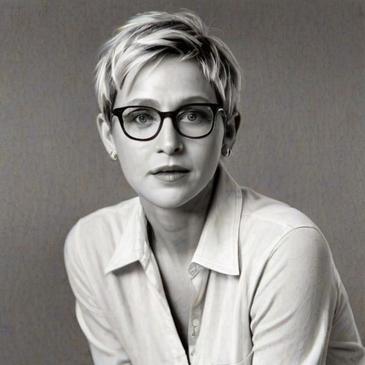 Superb Ellen DeGeneres, pencil sketch, portrait of Dazzling woman 1929s in glasses, hair style beatnik, outline, clear lines, fine lines, 8k