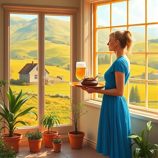 In "A Glass of Beer on the Highland," a serene scene is depicted in a sunlit room where a woman in a vibrant blue dress stands by a large window. She holds a tray with a hearty meal and a frothy glass of beer, embodying a moment of relaxation. Outside, the breathtaking highland landscape features rolling green hills and a charming traditional house, all bathed in warm afternoon light. The interior is adorned with potted plants, creating a harmonious blend of comfort and nature. The painting beautifully captures the tranquility and joy found in simple pleasures amidst stunning scenery
