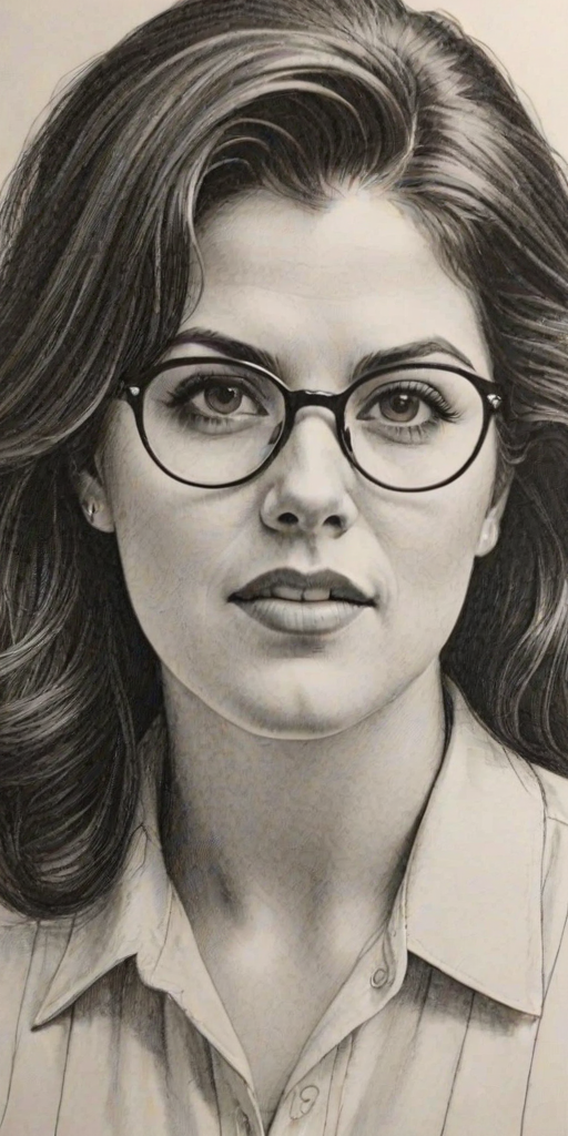 Enchanting Monica Lewinsky, pencil sketch, portrait of Attractive woman 1952s in glasses, hair style beatnik, outline, clear lines, fine lines, 8k