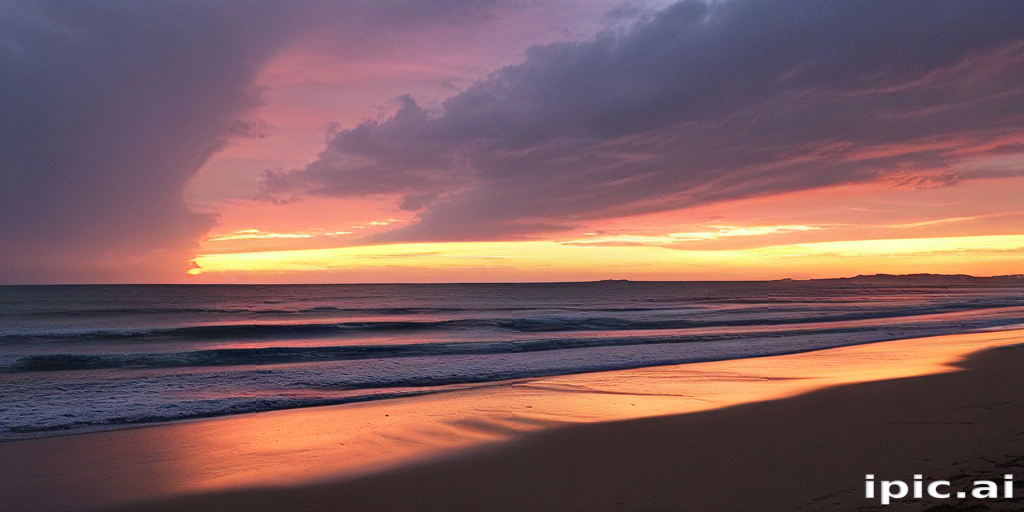 Stunning Sunset Over a Calm Beach with Dramatic Cloudy Skies