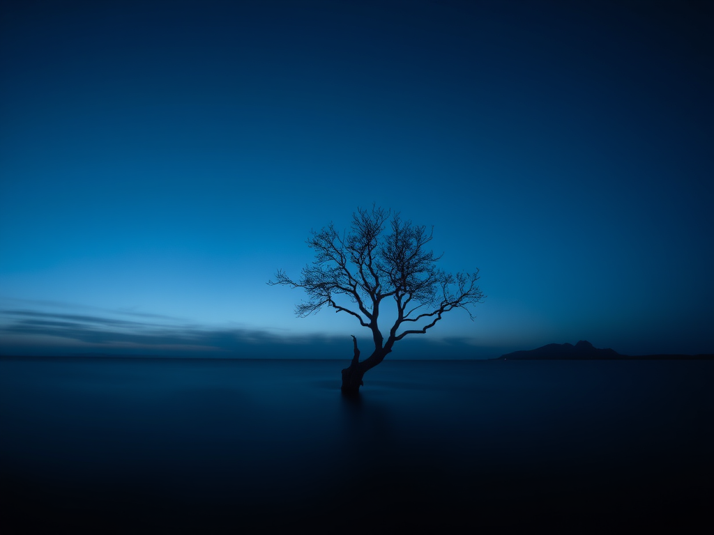 a solitary tree emerging from dark water at twilight with a gradient of deep blue colors in the sky, long exposure technique, f/11 aperture, ISO 100, 30 seconds shutter speed, landscape view, digital SLR camera