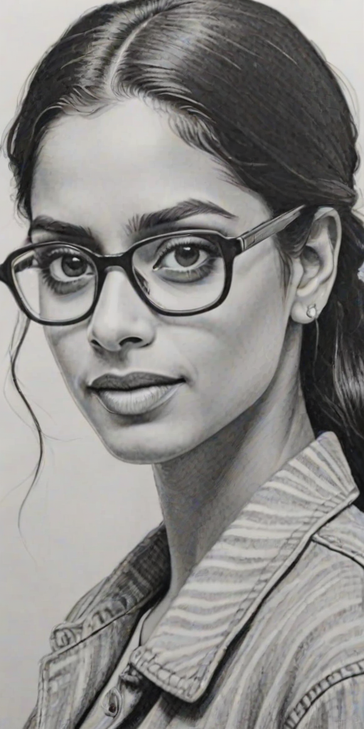 Appealing Lilly Singh, pencil sketch, portrait of Sublime woman 1951s in glasses, hair style beatnik, outline, clear lines, fine lines, 8k