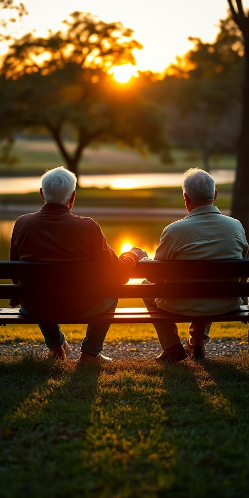 Warmly lit, peaceful scene of an old couple sitting on a bench in the park at dusk, their hands intertwined, with the sun setting behind a lake and trees casting long shadows over the grass.