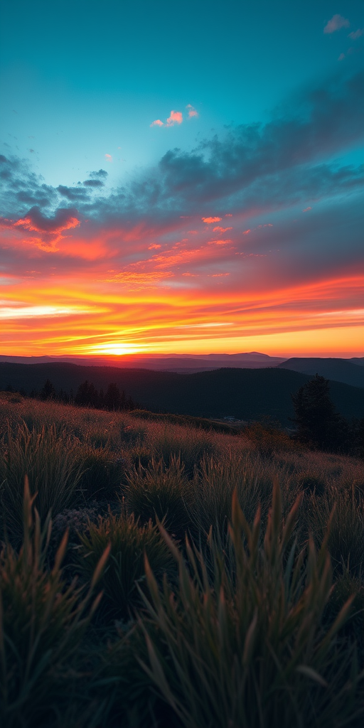 Generate a high-resolution image of a serene landscape at sunset with vibrant colors, using a Canon EOS R5, aperture f/8, ISO 100, 24mm focal length, shot in landscape orientation, wide-angle view, and a soft focus to enhance depth and detail.