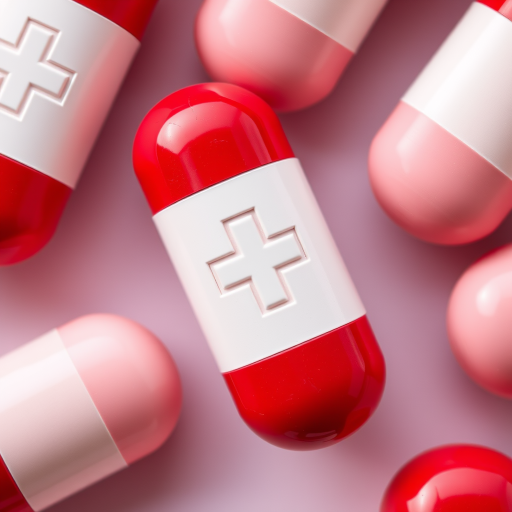 Create a high-resolution image of a red and white capsule-shaped pill with a medical cross symbol, using a Canon EOS 5D Mark IV, 50mm lens, f/2.8 aperture, ISO 100, natural lighting, top-down view to enhance clarity and detail.