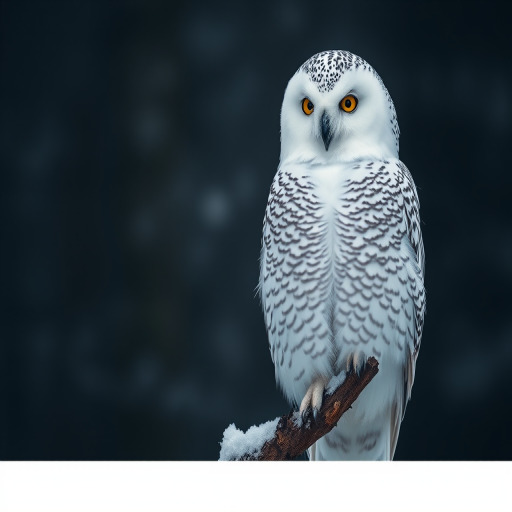 Regenerate a close-up image of a snowy owl perched on a branch in a dark forest setting, using a Canon EOS R5 camera with a 50mm f/1.2 lens, ISO 400, aperture f/1.8, shutter speed 1/200s, and soft focus for a dramatic effect.