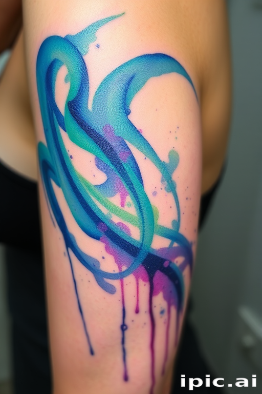 Watercolor splash tattoo called "Aurora Dreams" depicting the vibrant colors of the Northern Lights swirling across the skin in a mesmerizing display of blues, greens, and purples, with delicate splatters and drips creating a dreamy, ethereal effect