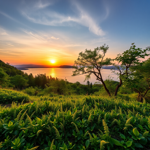 Generate a high-resolution image of a serene landscape at sunset with lush greenery and a calm lake, using a Canon EOS R5 with a 24-70mm f/2.8 lens, aperture set to f/8, ISO 100, and a shutter speed of 1/125 sec, shot from a low angle with a wide-angle perspective.