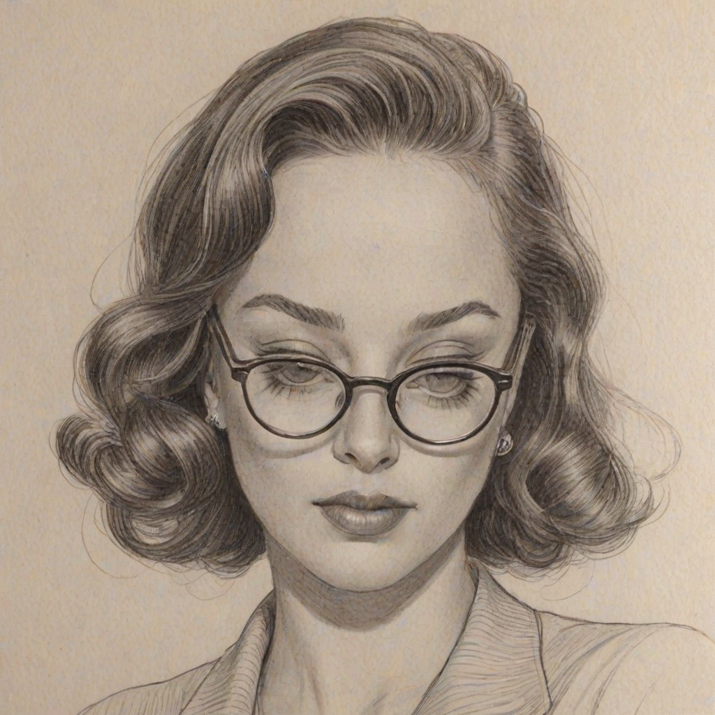 Beauteous Scarlett Estevez, pencil sketch, portrait of Pleasing woman 1947s in glasses, hair style beatnik, outline, clear lines, fine lines, 8k