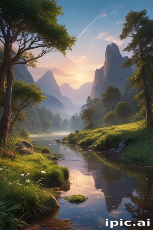 Tranquil Mountain Landscape with Serene River and Lush Greenery at Sunrise